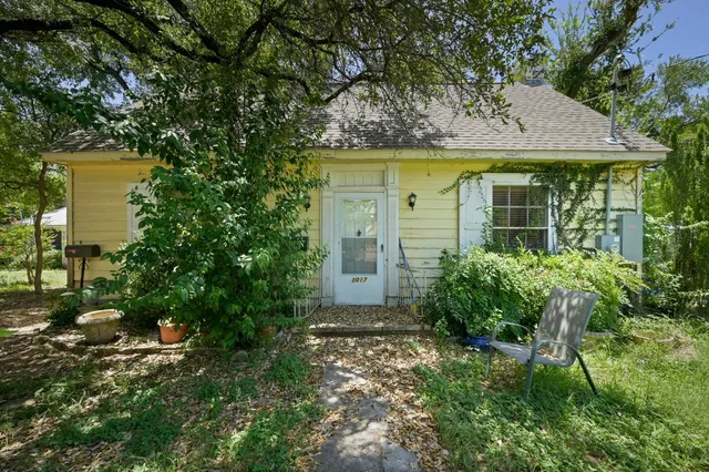 a view of a house with a yard plants and large tree