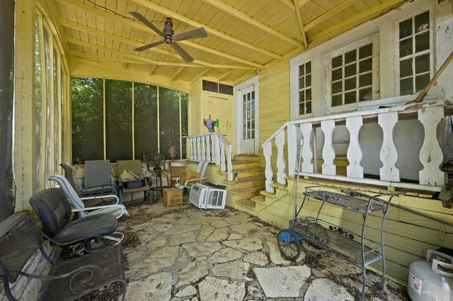 a building outdoor space with seating area