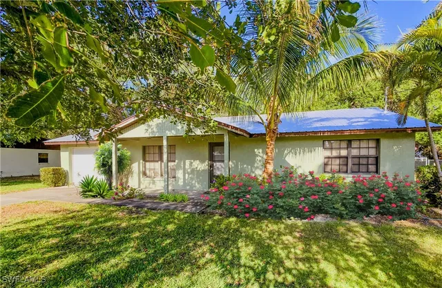 a view of a house with plants and a garden