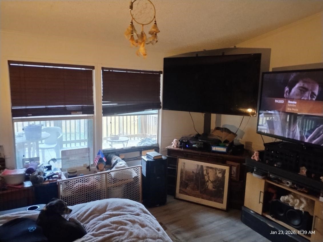 180 Woods Road Coldspring, TX 77331 - Photo 9 of 35 a living room with furniture a flat screen tv and a fireplace
