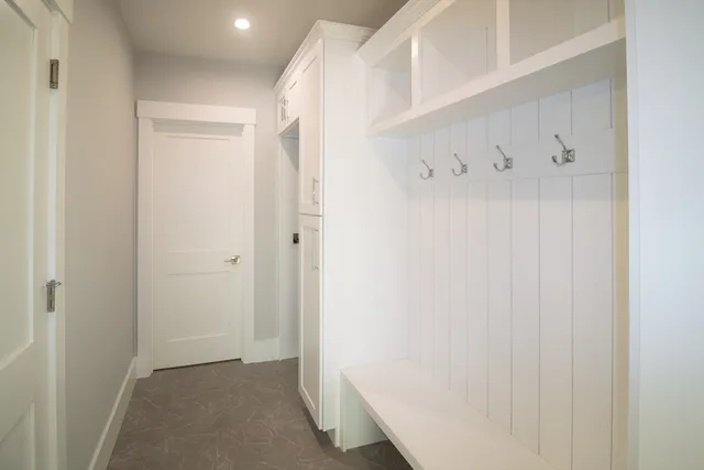 a view of a balcony with wooden floor
