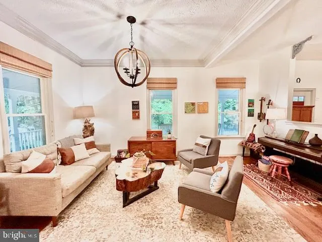 a living room with furniture a rug and a window