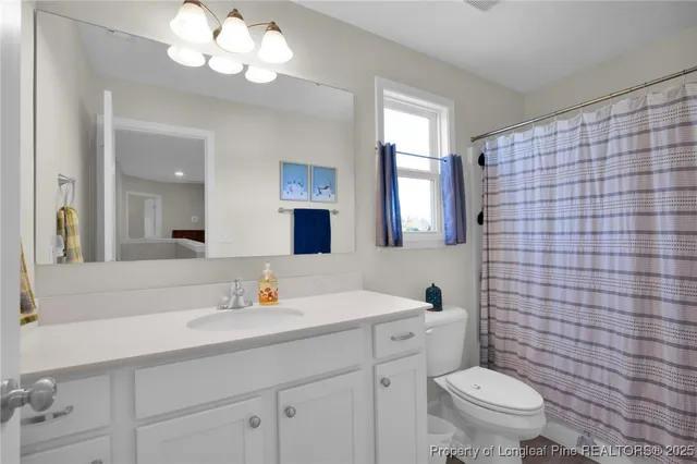 a bathroom with a sink a toilet a mirror and shower curtain