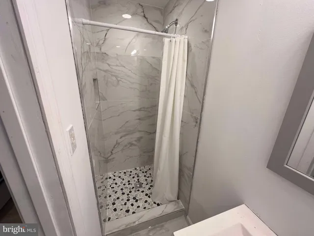 a bathroom with a shower and a toilet