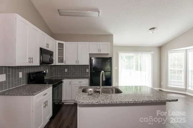 a kitchen with granite countertop a sink a counter top space cabinets stainless steel appliances and a window