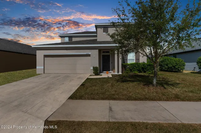 a front view of a house with garage