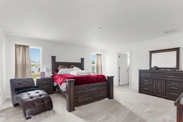 a spacious bedroom with a bed and furniture