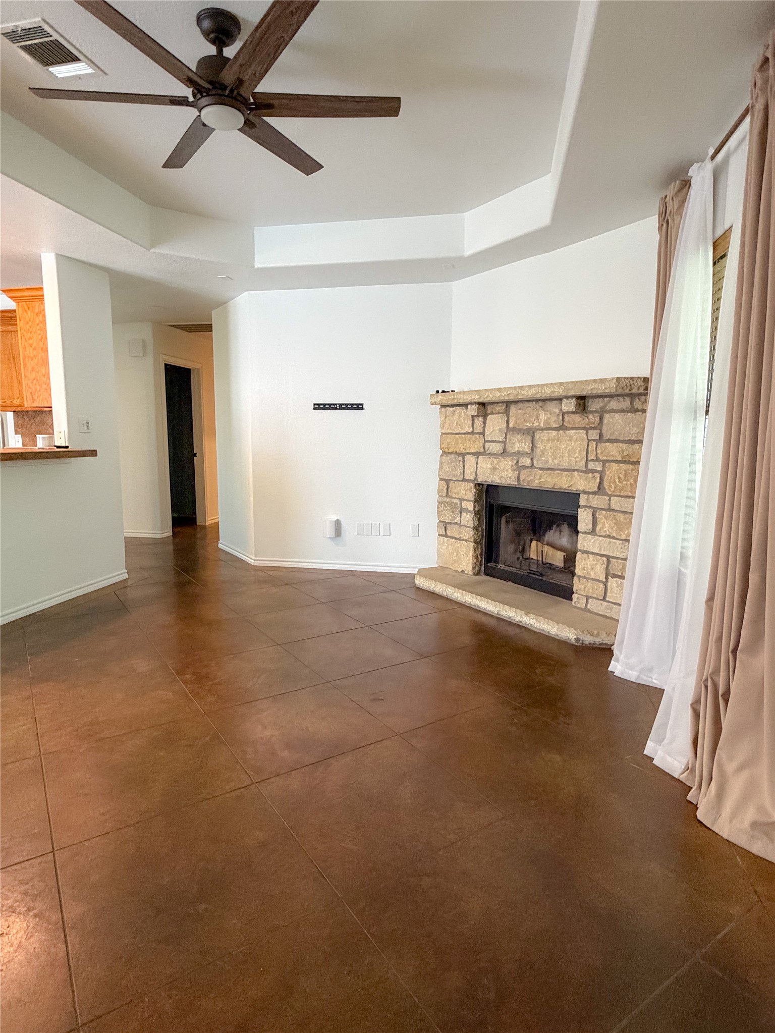 430 Summit Ridge Drive North Point Venture, TX 78645 - Photo 16 of 39 Unfurnished living room with a raised ceiling, a ceiling fan, and a fireplace
