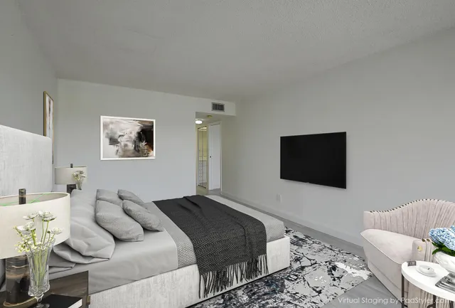a bedroom with a bed and a flat screen tv