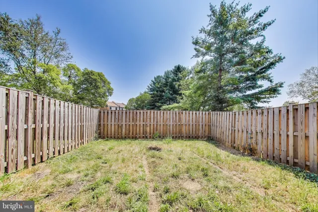 a view of a backyard with wooden fence and large trees