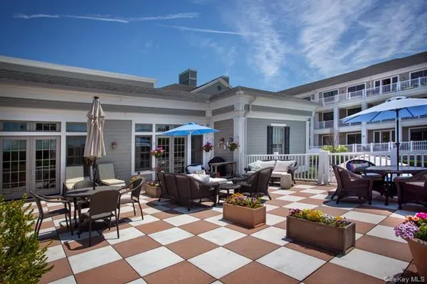 a building outdoor space with patio furniture