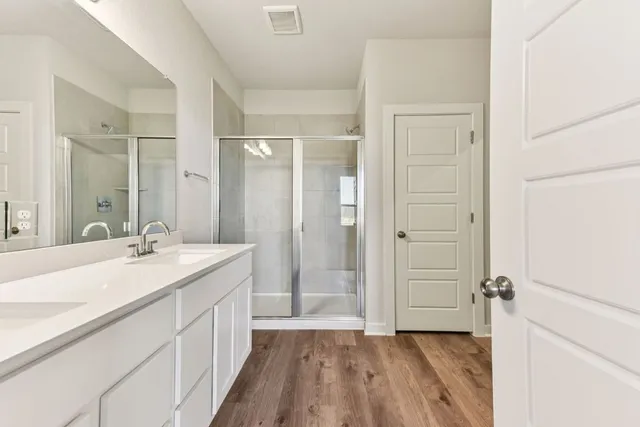 a bathroom with a sink a mirror and a shower