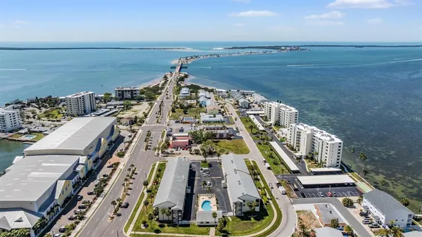 view of a city with an ocean
