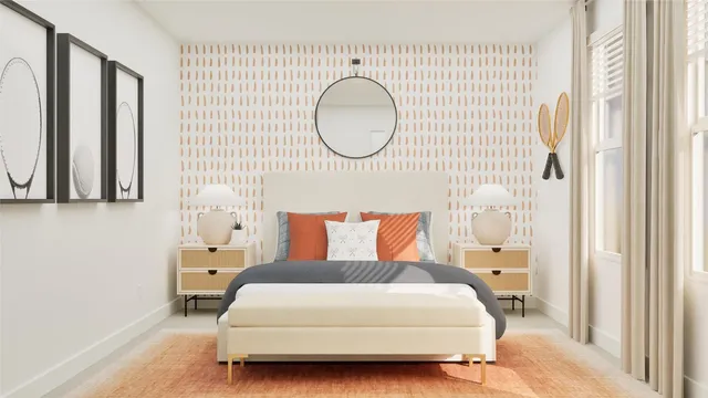 a bedroom with a bed and a mirror