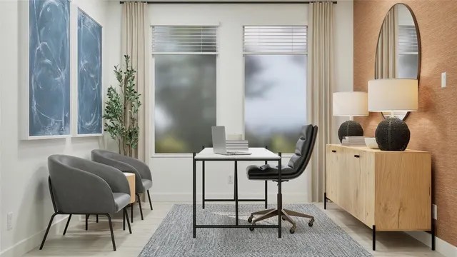 a balcony with furniture and a potted plant