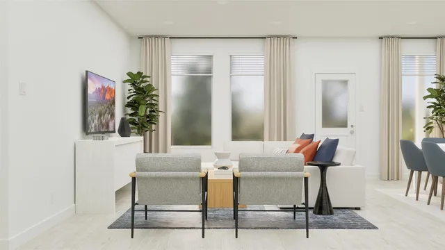 a dining room with furniture and window