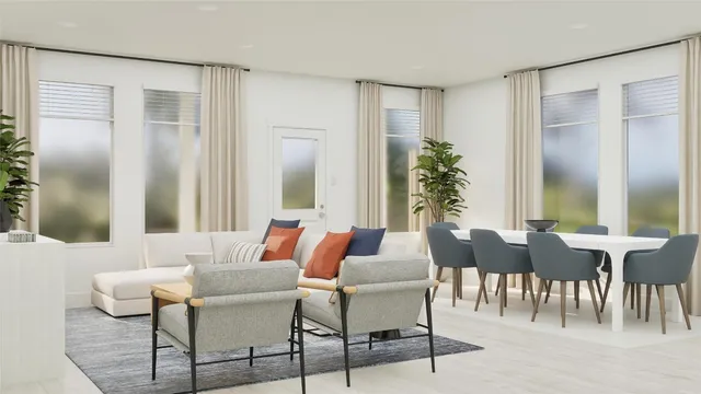 a living room with furniture and large windows