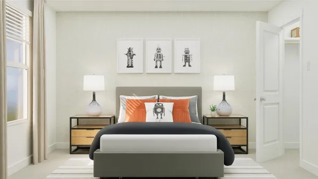 a bedroom with a bed and painting on the wall