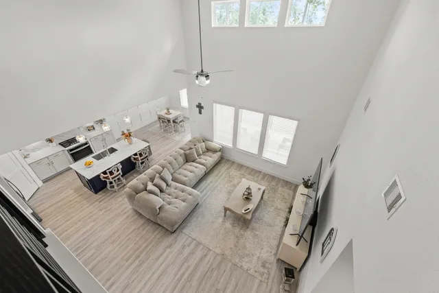 a view of a living room with furniture