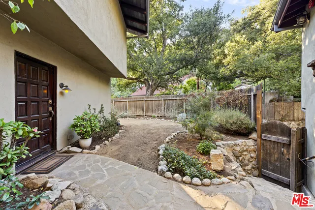 a view of a backyard with potted plants and large trees