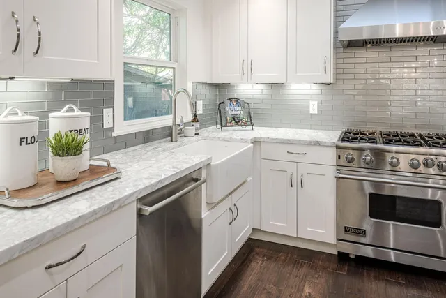 a kitchen with granite countertop white cabinets stainless steel appliances and a potted plant