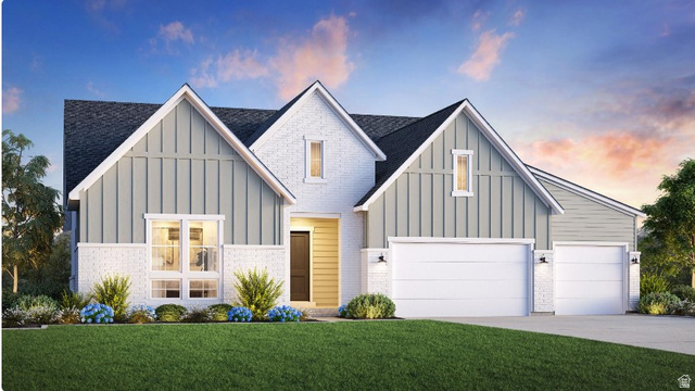 Architectural exterior featuring white brick and vertical siding