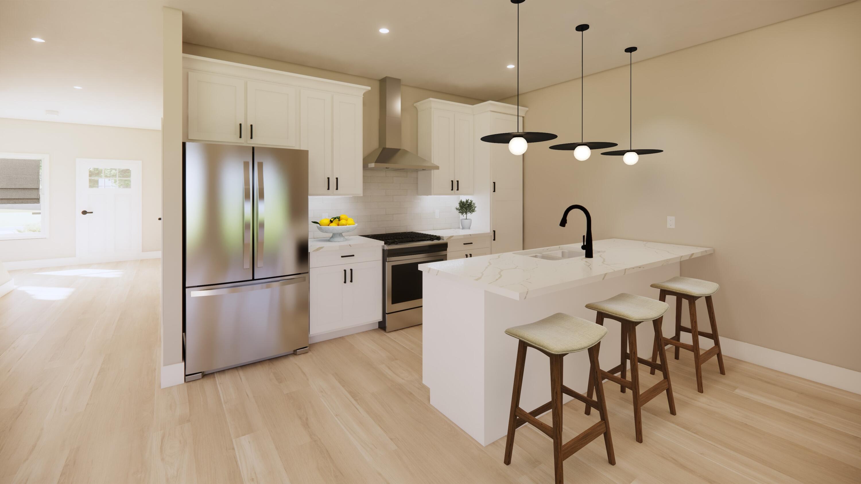 15 Moorebrooke Road Michigan City, IN 46360 - Photo 3 of 8 a kitchen with stainless steel appliances a refrigerator a sink a stove a dining table and chairs with wooden floor