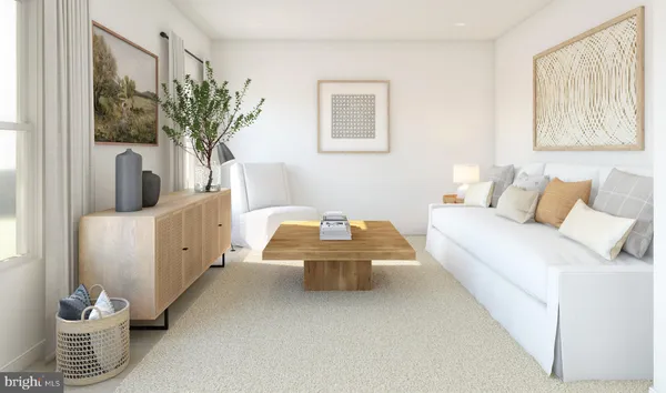 a living room with furniture and a potted plant