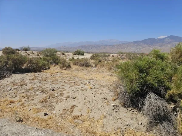 a view of a dry yard with mountains in the background