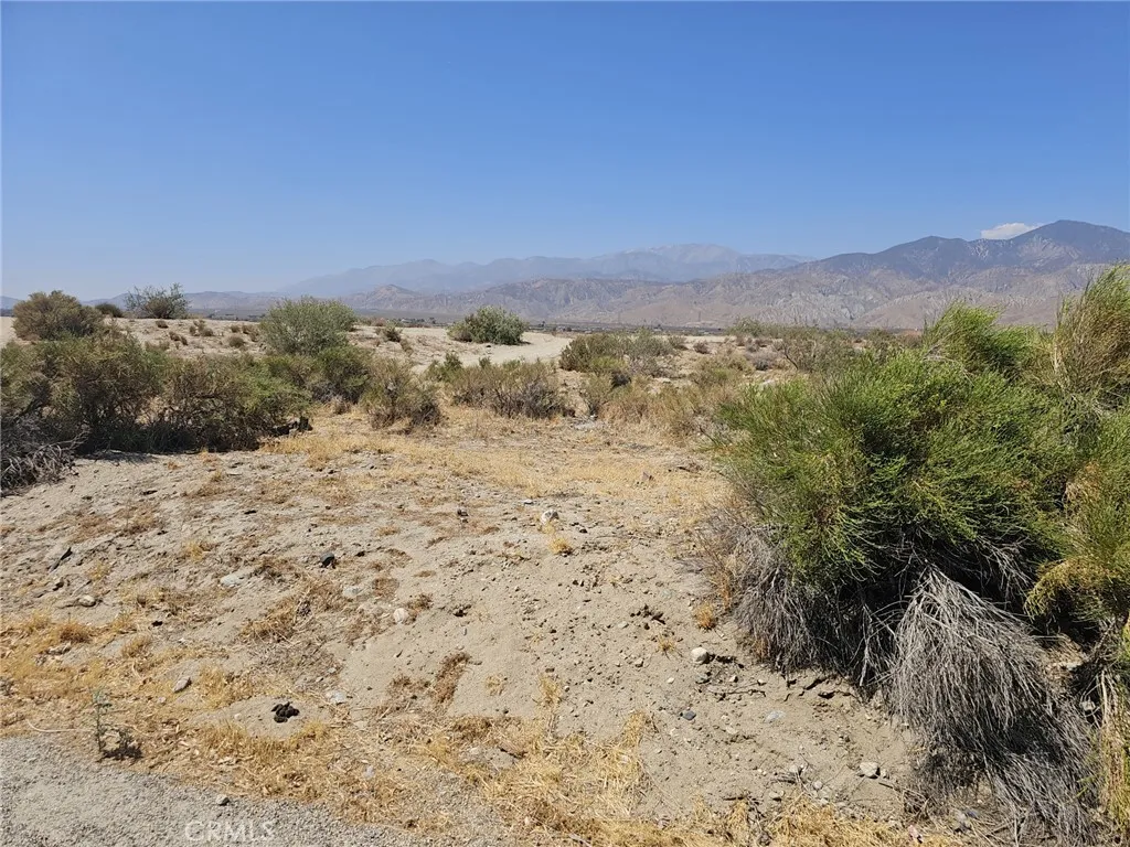 a view of a dry yard with mountains in the background