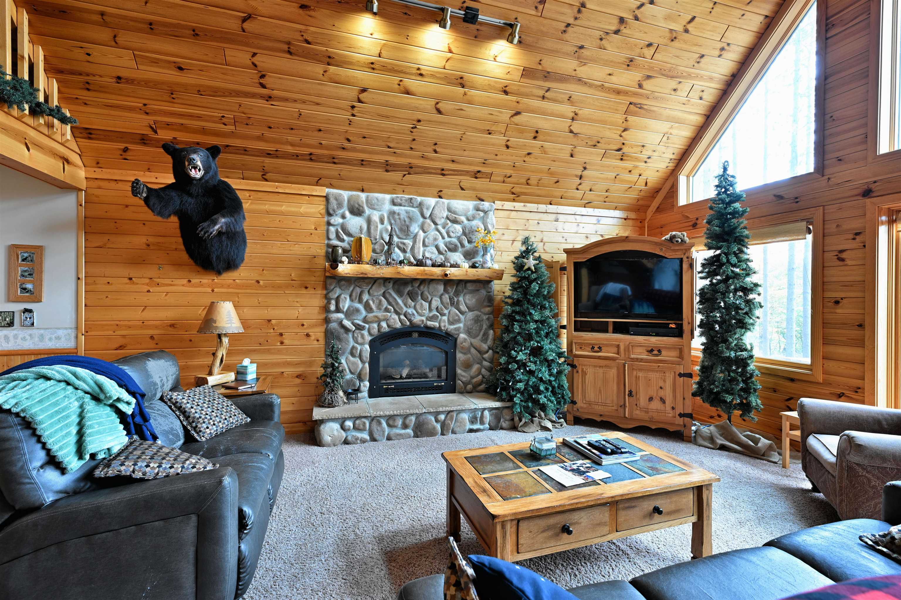 13672 East Short Road Gordon, WI 54838 - Photo 50 of 75 Carpeted living room with wooden walls, a fireplace, high vaulted ceiling, wooden ceiling, and rail lighting