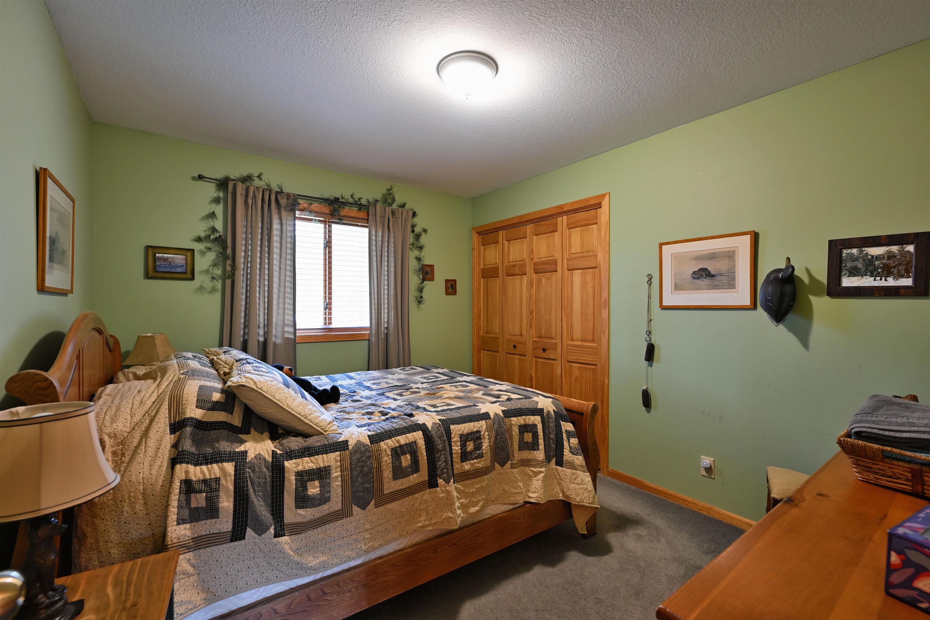 13672 East Short Road Gordon, WI 54838 - Photo 61 of 75 Bedroom with a textured ceiling, dark carpet, and a closet