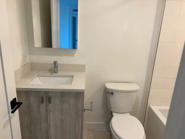 a bathroom with a sink a toilet and a mirror