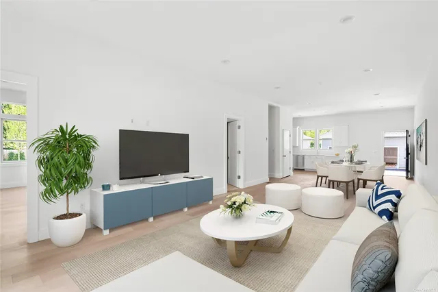 a living room with furniture and a potted plant