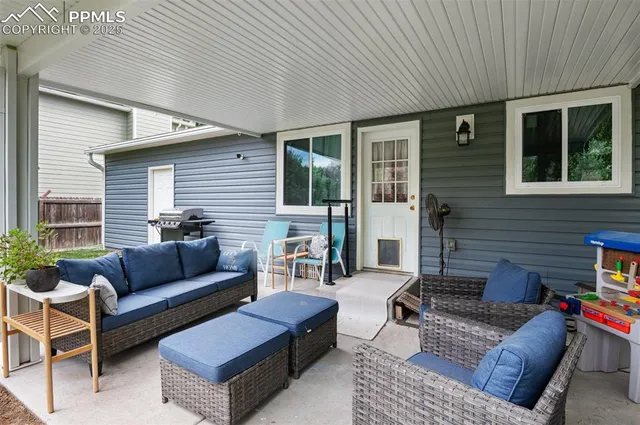 a building outdoor space with patio furniture