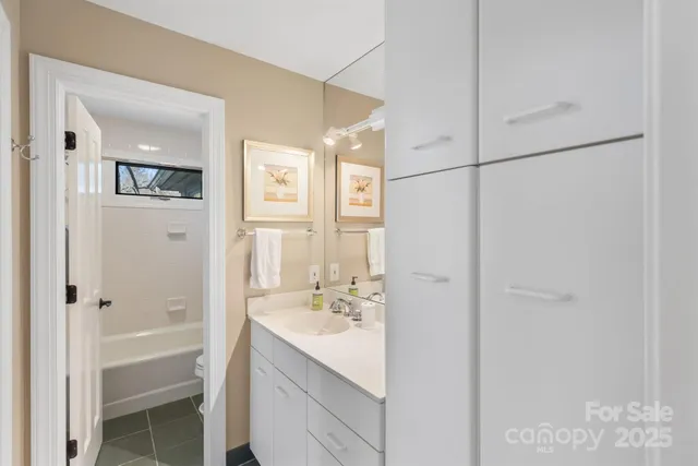 a bathroom with a bathtub shower sink vanity and mirror