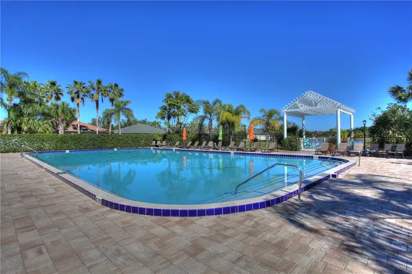 a view of a swimming pool with a yard and plants