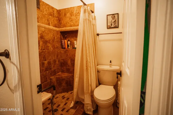 a bathroom with a toilet and a shower