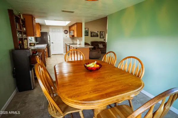 a view of a dining room with furniture