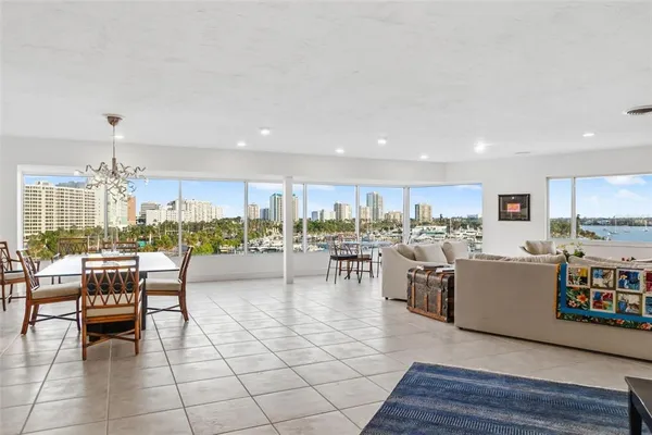 a view of a dining room with furniture window and outside view