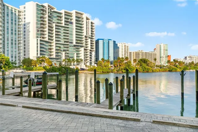 a view of a city with sitting area