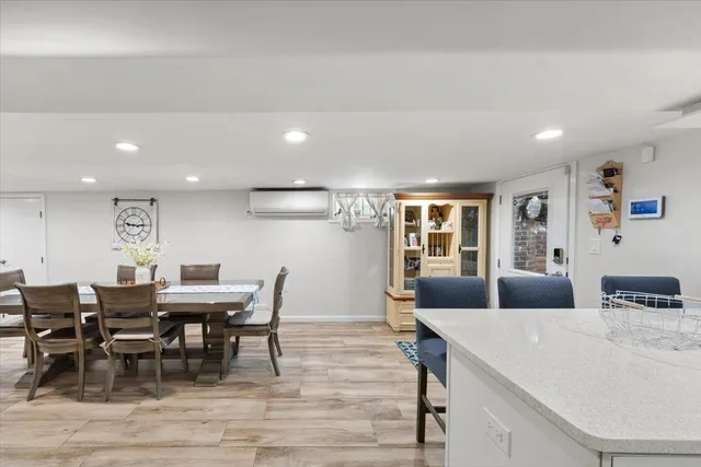 a view of a dining room with furniture