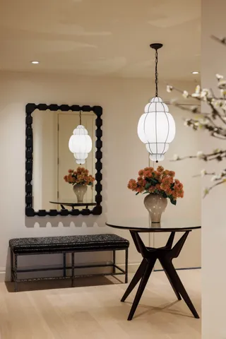 a view of dining room and chandelier