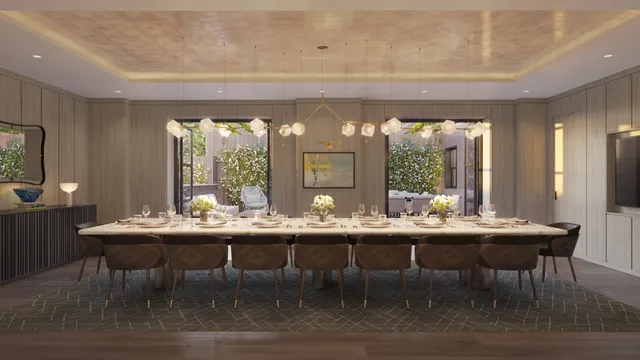 a view of a dining room with furniture window and outside view