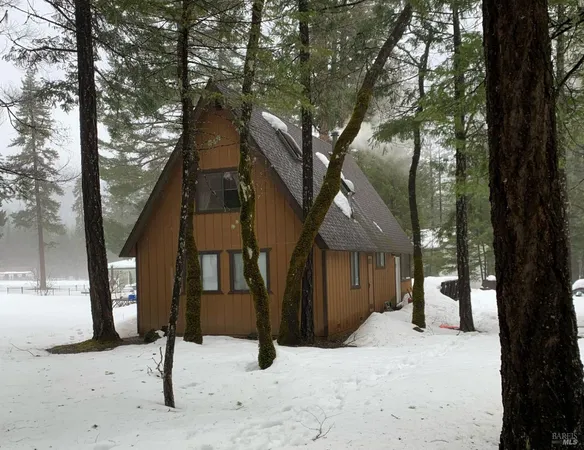 a front view of a house with a yard covered with snow