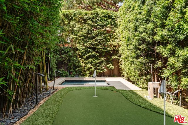 a view of a backyard with plants and a garden