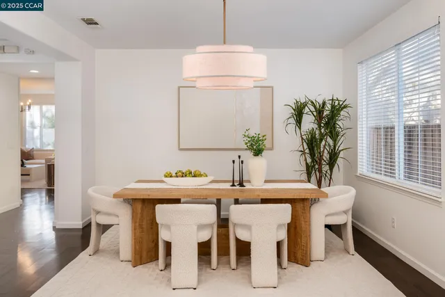 a view of a dining room with furniture and window