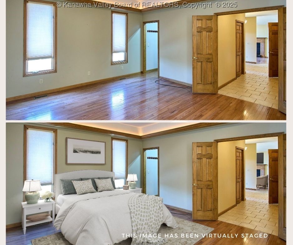 1128 Shamrock Road Charleston, WV 25314 - Photo 23 of 50 The spacious primary bedroom offers a cozy sitting area and a charming two-sided fireplace, creating a warm and inviting retreat.