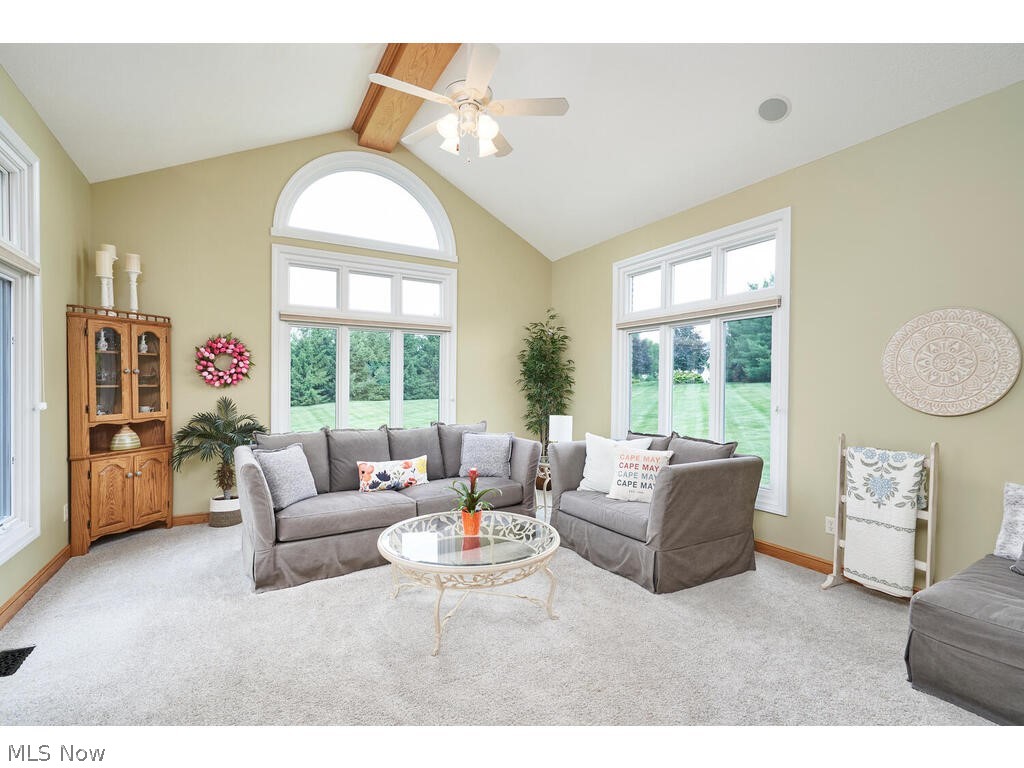 3735 Roberts Ridge Akron, OH 44333 - Photo 11 of 45 Carpeted living room featuring beam ceiling, high vaulted ceiling, and ceiling fan