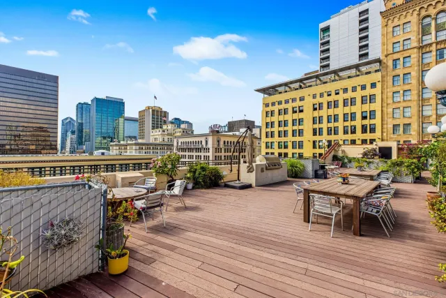 a city view with a seating space